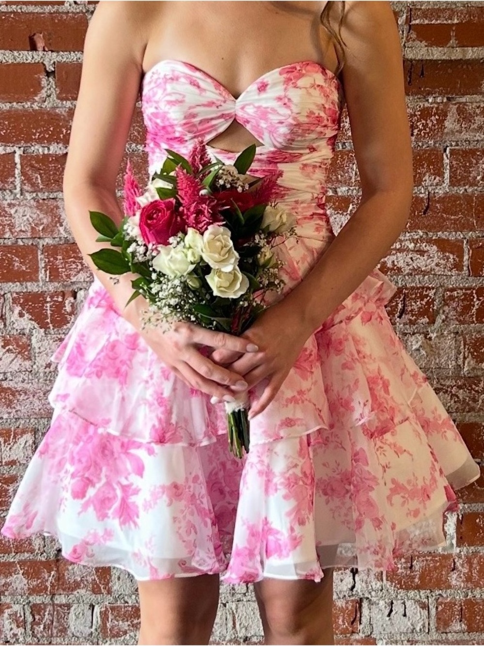 Pink Floral Strapless Sweetheart Ruffle Mini Dress